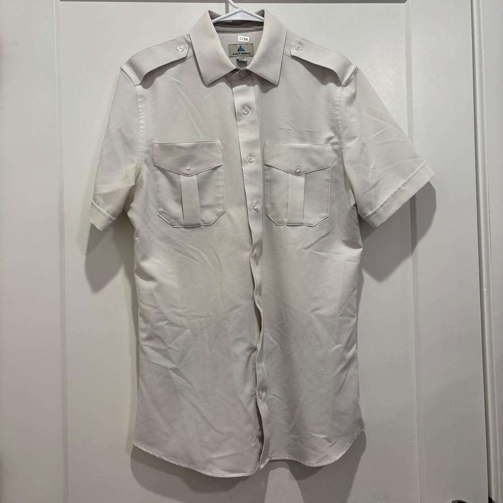 A Cut Above Tropo Fitted Pilot Shirt Mens 15.5 White Short Sleeve Epaulet 3754